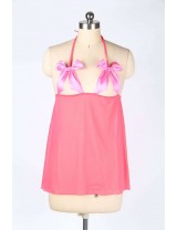 Dark Pink Plus Size Halter Babydoll With Cute Bowknot