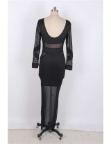 Black Mesh Panelled High Thigh Split Maxi Dress