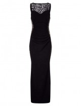 Ruffled Sequin Lace Trim Black Maxi Dress