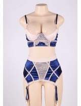 Plus Size Navy Bra Set With Beige Lace Overlay