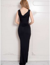 Ruffled Sequin Lace Trim Black Maxi Dress