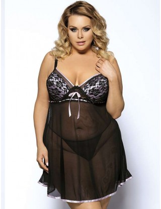 Black Sheer Lace Plus Size Babydoll With Pink Ribbon