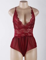 Wine Red Halter Lace Plus Size Teddy Lingerie