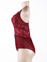 Wine Red Halter Lace Plus Size Teddy Lingerie