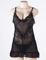 Black Transparent Embroidered Lace Plus Size Babydoll