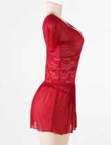 Red Plus Size V Neck Mesh Scalloped Lace Babydoll With Short Sleeve