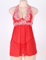 Red Halter Floral Plus Size Babydoll With G-String