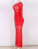 Beaming Red Lace Long Sleeve Croch Dress