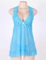 Blue Halter Plus Size Babydoll With G-String