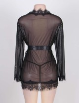 Black Sheer Lace Trim Sexy Robe With Belts