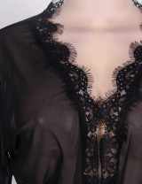 Plus Size Black Lace Trim Robe With Thong
