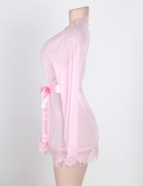 Sexy Pink Sheer Lace Trim Robe With G-String