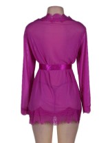 Sheer Lace Trim Purple Robe With Thong