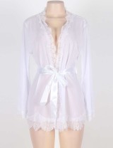 White Plus Size Lace Trim Robe With Thong