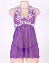 Lace White Embroidery Halter Purple Lingerie