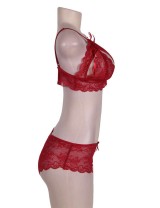 Red Lace Crotchless Booty Short Bra Set