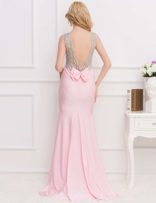 Pink Open Back Golden Strap Ruffle Evening Dress