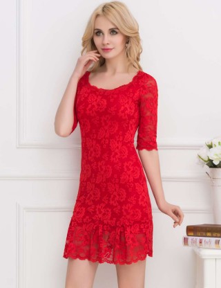 Red Short Sleeve Round Neck Lace Bodycon Dress