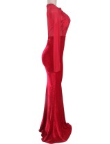 Mesh Red Lace Applique Velvet Maxi Dress