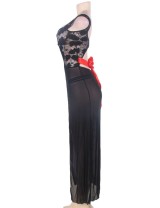 Black Sheer Lace Evening Gown Set Long Dress