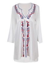 White Embroidered Kimono Long Sleeve Beach Dress