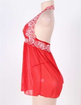 Red Lace stitching Halter Open Back Sleepwear 