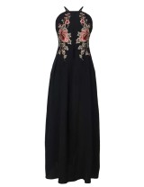 Black Elegant Embroidery Backless Long Dress
