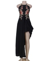 Black Elegant Embroidery Backless Long Dress