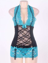 Halter Black And Blue Lace Open Back Plus Size Babydoll