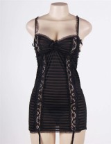 Black Sexy Lace Open Back Babydoll With Cross Stripe