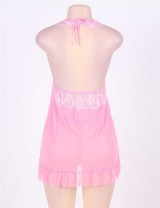 Pink Halter Lace Patchwork Sexy Babydoll