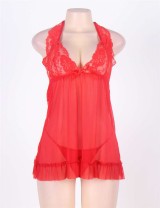 Lace Patchwork Red Halter Plus Size Babydoll Dress 