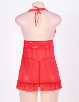 Lace Patchwork Red Halter Plus Size Babydoll Dress 