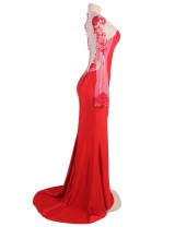 Red Elegant Embroidery Long Sleeve Maxi Party Dress
