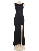 Black Simple Straps Backless Slit Party Gown