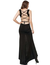 Black Simple Straps Backless Slit Party Gown