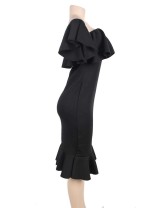 Plus Size Ruffle Off-Shoulder Midi Black Bodycon Dress