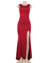 Red Croch Straps Back  Slit Party Gown
