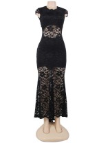 Short Sleeve Black Lace Backless Party Gown