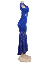 Blue Lace Backless Short Sleeve Party Gown