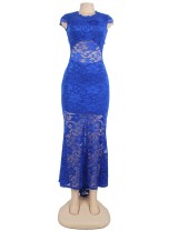 Blue Lace Backless Short Sleeve Party Gown