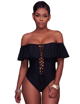 Ruffle Off-The-Shoulder One Piece Black Swimsuit
