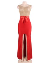 Amazing Gold Lace Red Slit Evening Gown