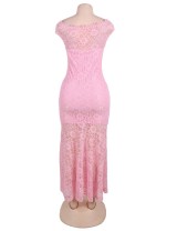 Pink Lace Elegant Fishtail Maxi Party Gown