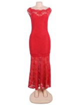 Red Lace Elegant Fishtail Maxi Party Gown