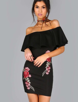 Black Ruffle Off-Shoulder Embroidery Bodycon Dress