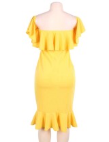 Plus Size Ruffle Off-Shoulder Bodycon Party Yellow Mermaid Dress