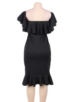 Plus Size Ruffle Off-Shoulder Midi Black Bodycon Dress