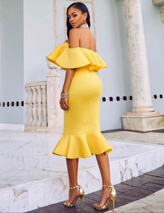 Plus Size Ruffle Off-Shoulder Bodycon Party Yellow Mermaid Dress