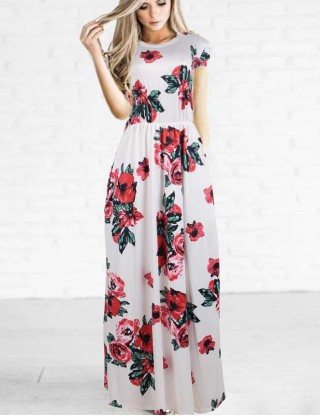 Short Sleeve Pocket Design White Floral Maxi Dress